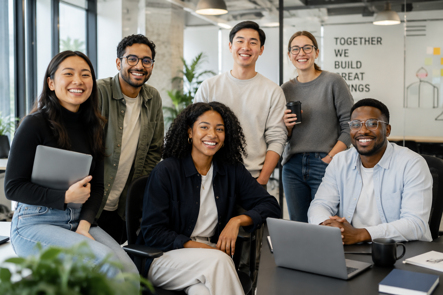 Diverse modern workforce gathered in a bright office setting
