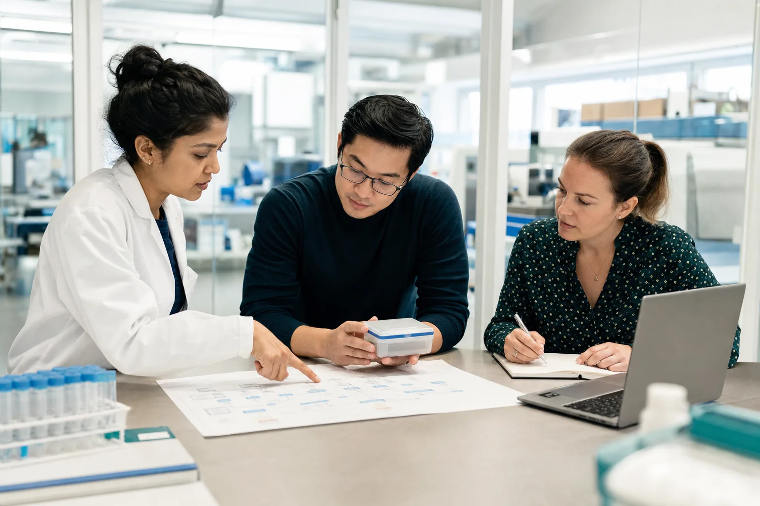 Microbiology, bioinformatics, and operations specialists plan a genomics workflow together