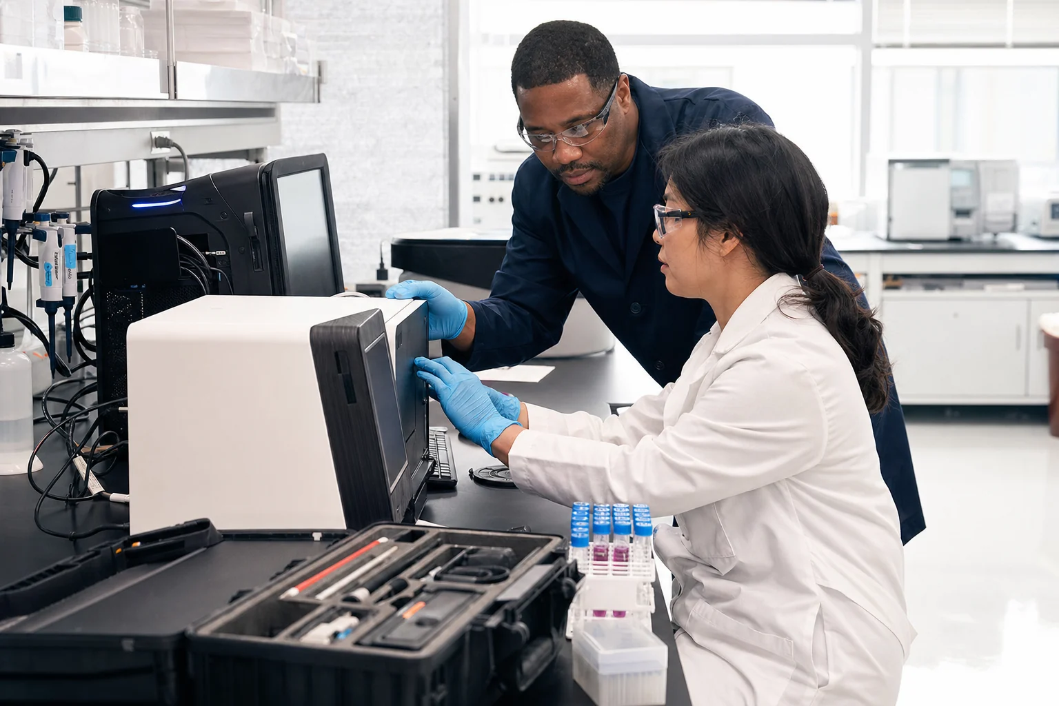 Two scientists configure sequencing equipment during a laboratory workflow deployment