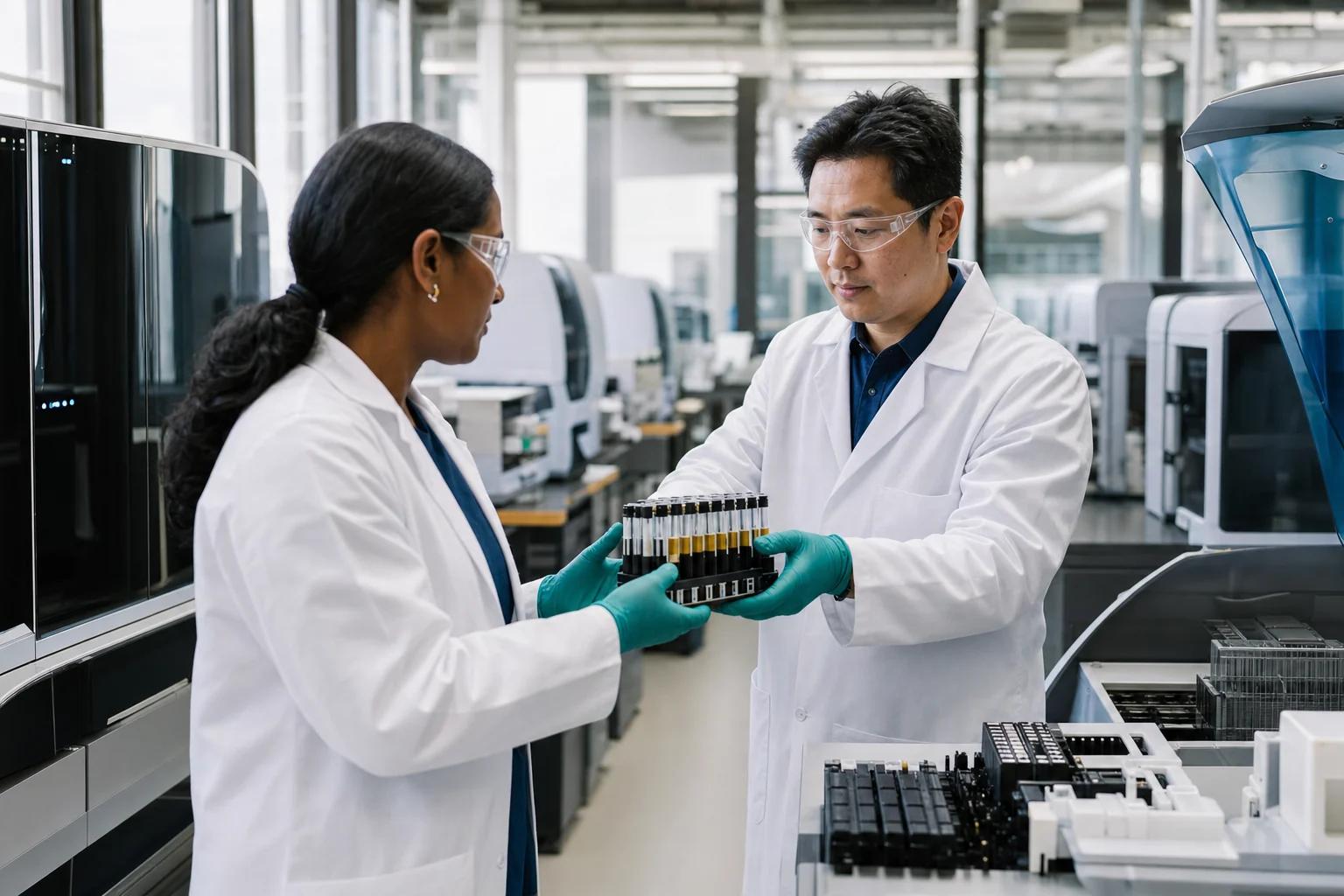 Commercial laboratory scientists transfer a specimen rack between automated instruments