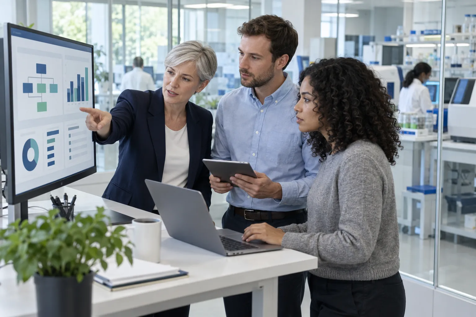 A team lead walks two colleagues through an operations dashboard in an office beside a genomics laboratory