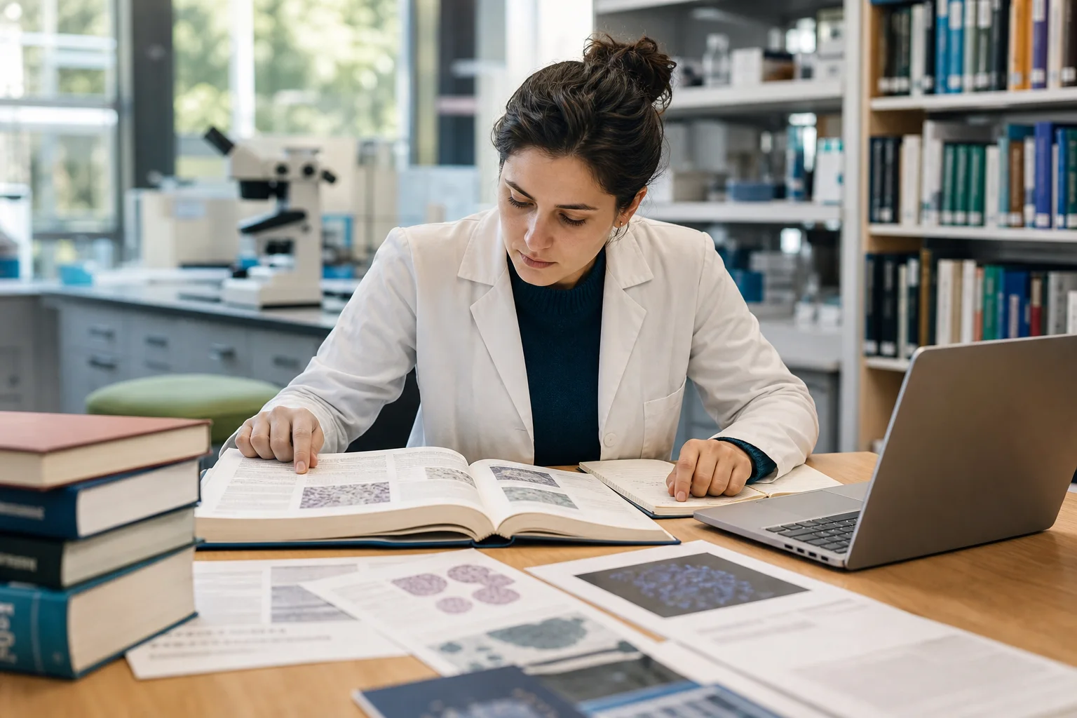 A researcher reviews pathogen genomics references at a bright lab-adjacent desk