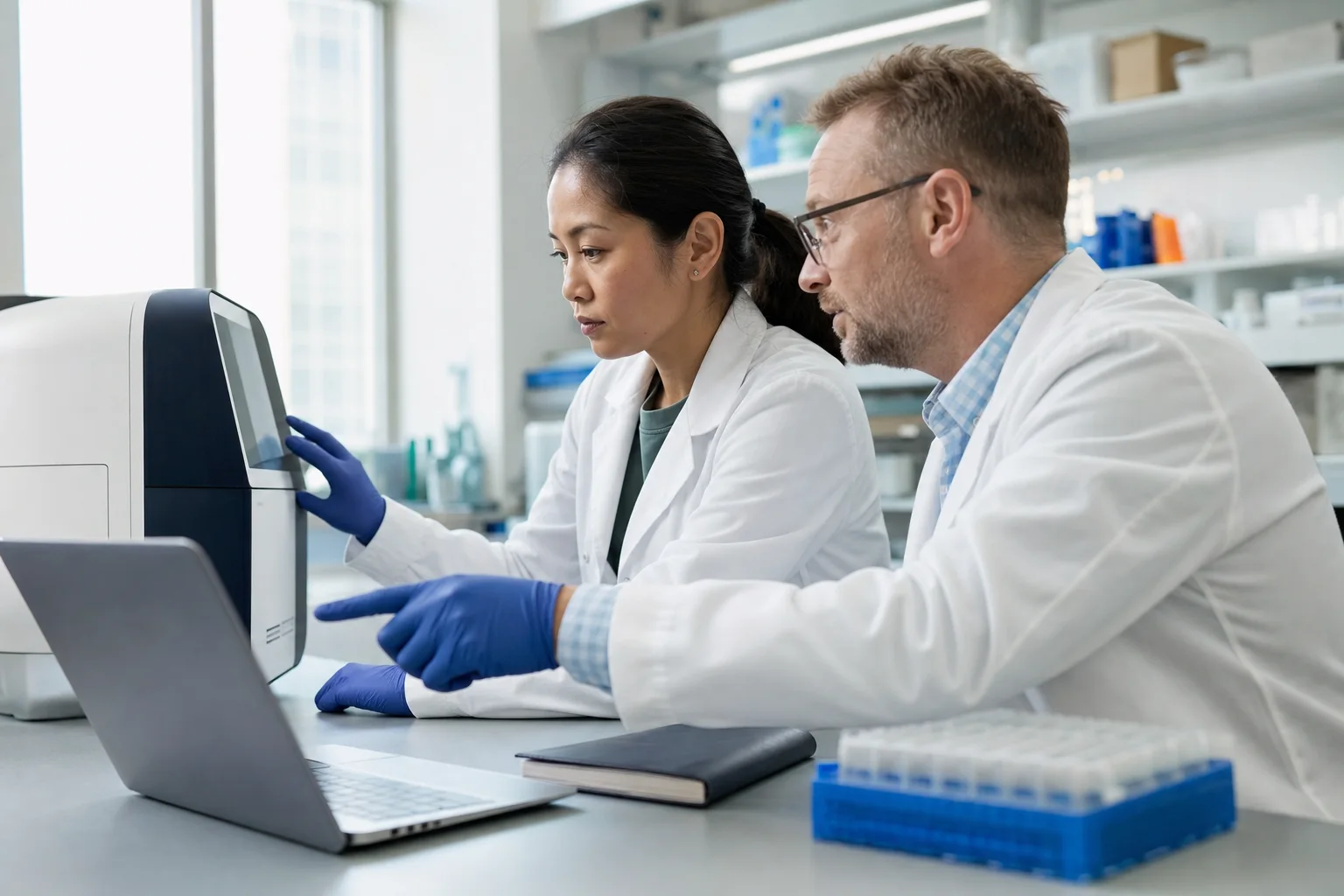 A laboratory lead and scientific advisor review a sequencing run together