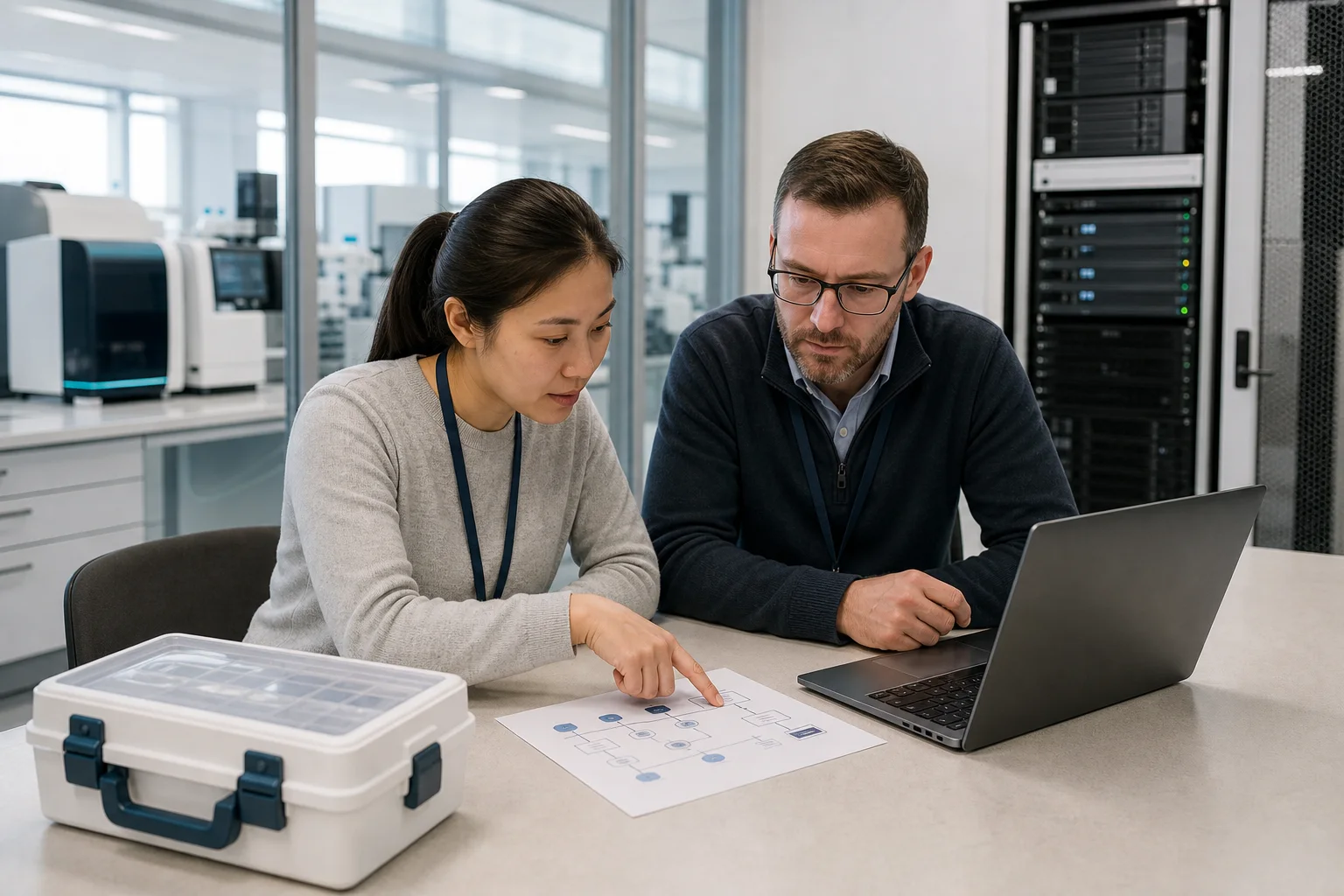 Laboratory and bioinformatics specialists map a sample-to-result workflow beside secure computing infrastructure