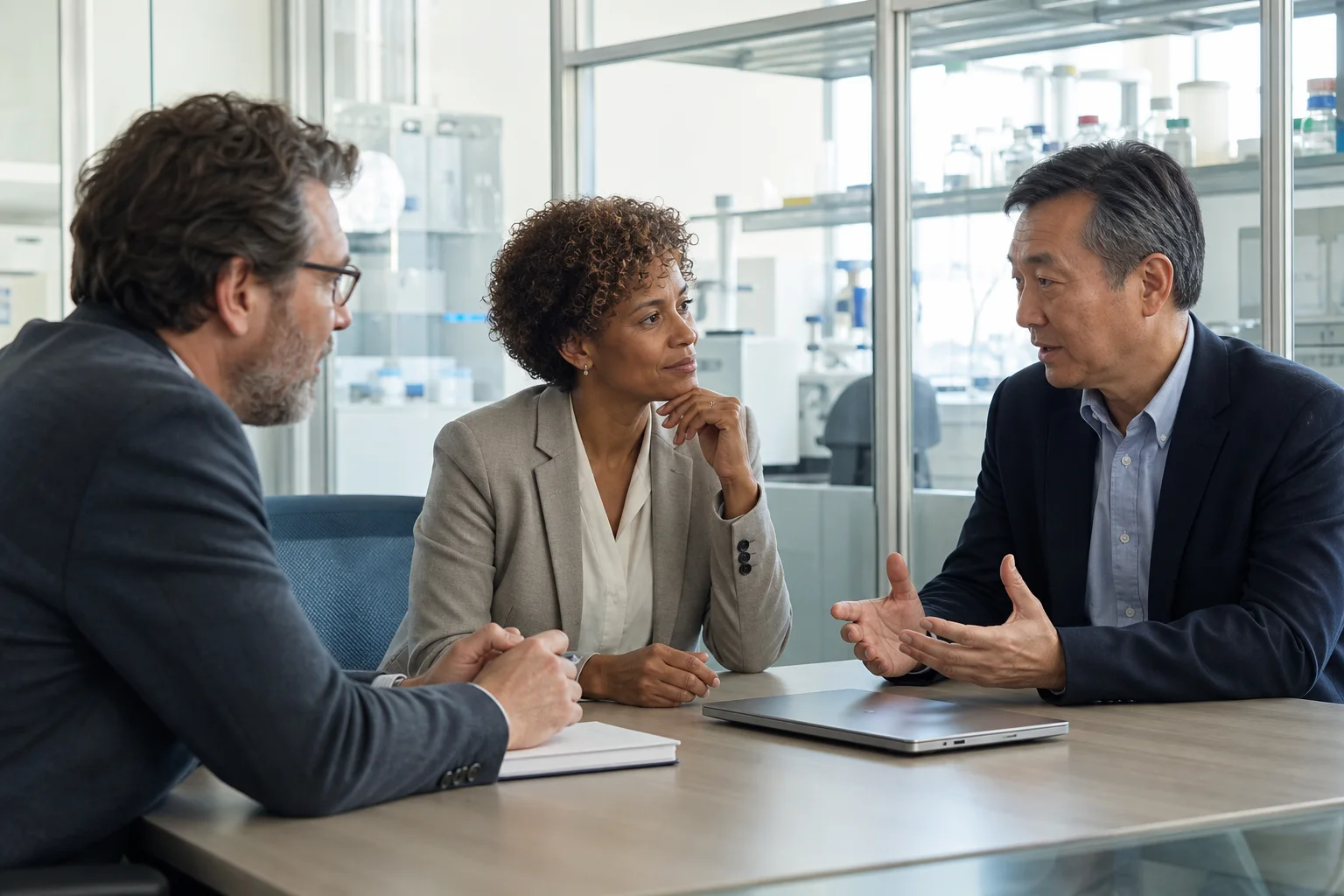 Illustrative scene of anonymous scientific leaders in a focused working session