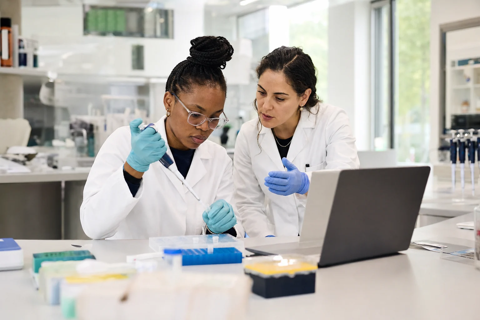 A scientist coaches a colleague through a hands-on laboratory genomics exercise